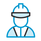 Icon of a construction worker wearing a helmet and safety vest in blue and black.