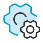 Two overlapping gears, one larger blue gear in the background and a smaller black gear in the foreground.