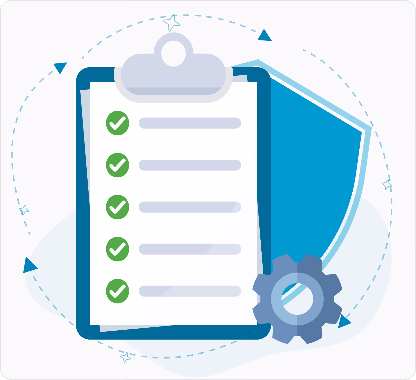 Illustration of a checklist on a clipboard with green check marks, a blue shield, and a gear symbol representing security and settings.