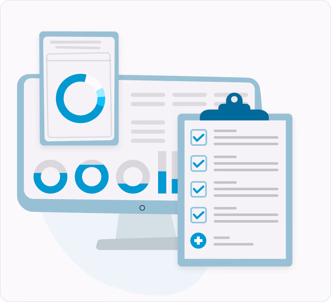 Computer monitor displaying various blue and gray charts and graphs alongside a clipboard with a checklist of four checked items and an additional note.