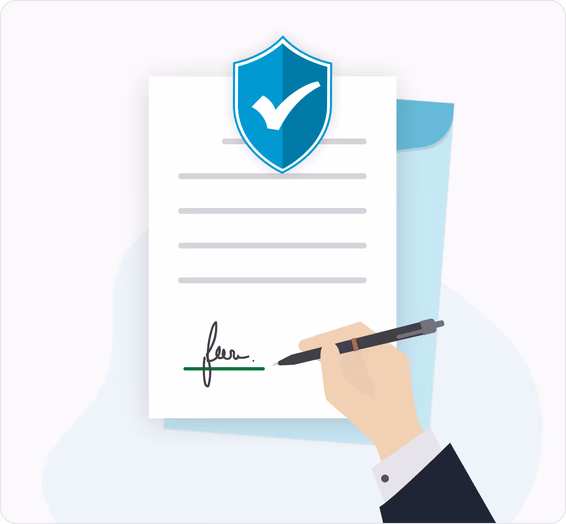 Hand signing a document with a blue shield and checkmark symbol above the text.