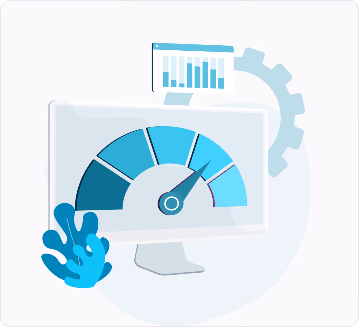 Computer monitor displaying a semi-circular gauge with the needle pointing towards the high end, symbolizing performance or speed, with a small bar chart and a gear icon in the background.