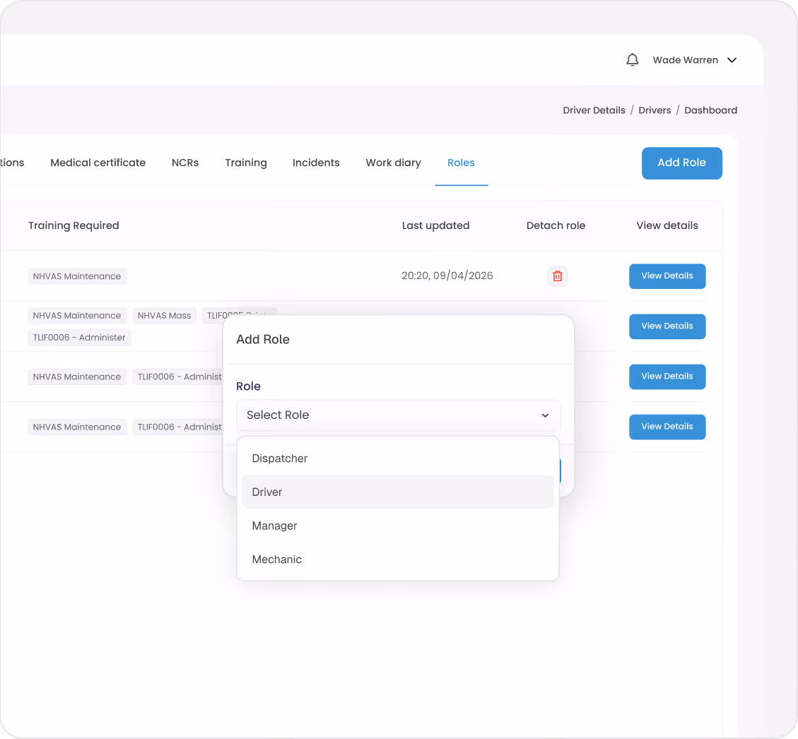 User interface showing a Roles tab with an Add Role dialog open and a dropdown menu listing Dispatcher, Driver, Manager, and Mechanic roles.