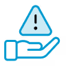 Blue icon of an open hand holding a warning triangle with an exclamation mark inside.