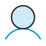 Blue user profile icon with a circular head and curved shoulders on a white background.