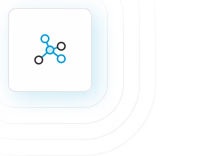 Icon of a network with five connected nodes, some in blue and some in black.