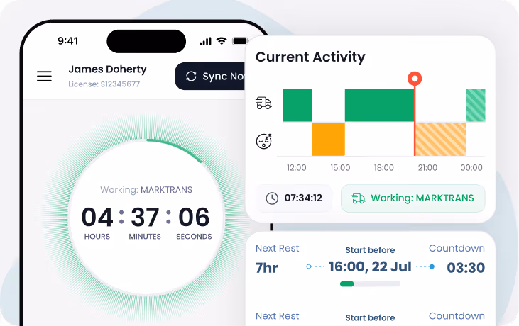 Mobile app screen showing a timer counting work duration labeled 'Working: MARKTRANS' with 4 hours 37 minutes 6 seconds elapsed, a current activity chart with time blocks, and next rest countdown details.