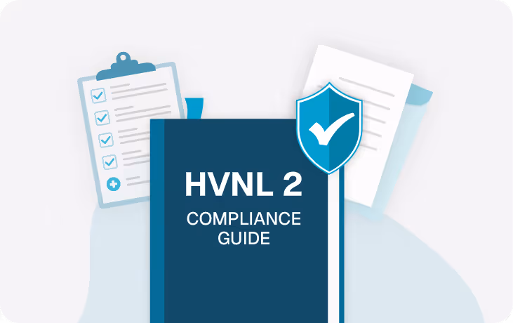 Illustration of a compliance guide book titled 'HVNL 2 Compliance Guide' with a shield icon featuring a checkmark, alongside checklist and document icons in the background.