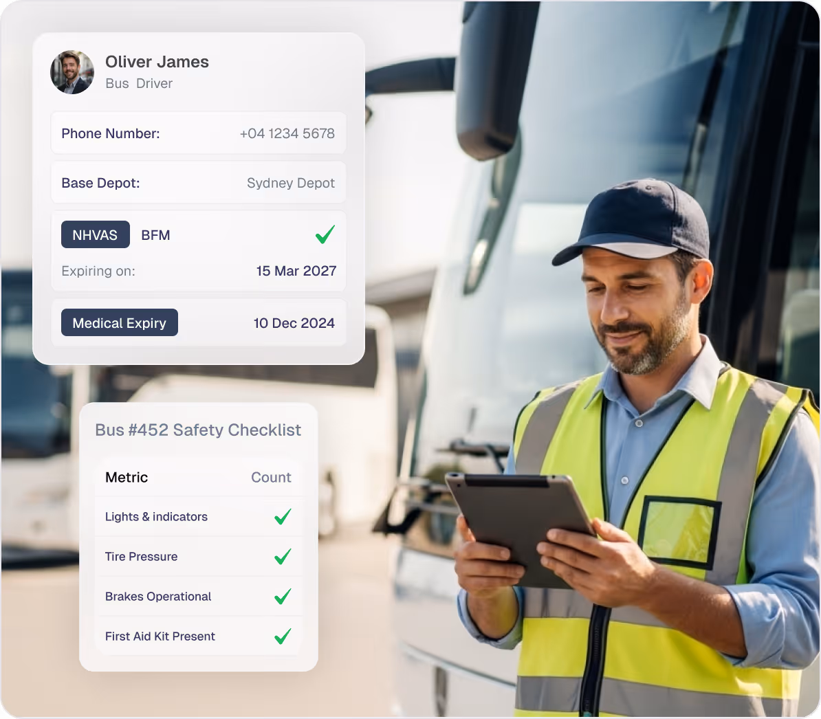 Bus driver wearing a high-visibility vest and cap checking a digital tablet with safety checklist and driver information overlay.