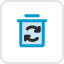 Blue recycling symbol with circular arrows inside a container outline.