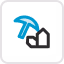 Icon of a blue mining pickaxe crossing over two gray geometric shapes representing resources.