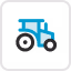 Blue tractor icon with black wheels on a white background.