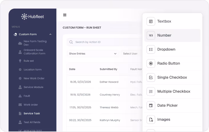 Hubfleet custom form interface showing a run sheet with entries by date and submitter, and a menu of form input options like textbox, number, dropdown, radio button, and date picker.