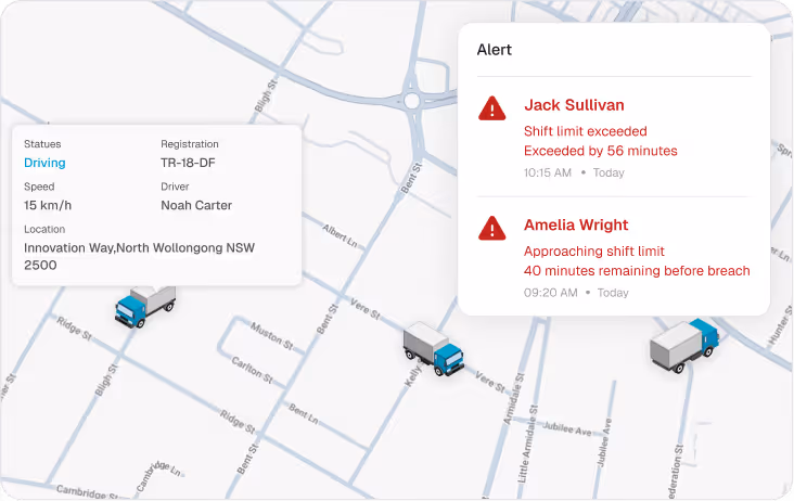 Map showing three trucks in different locations with details of one truck driving at 15 km/h on Innovation Way, North Wollongong NSW, and alerts about drivers Jack Sullivan and Amelia Wright exceeding or approaching shift limits.