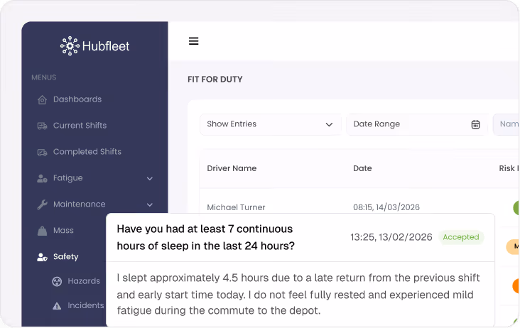 Hubfleet app interface showing Fit for Duty checklist with driver Michael Turner's sleep hours and risk assessment status.