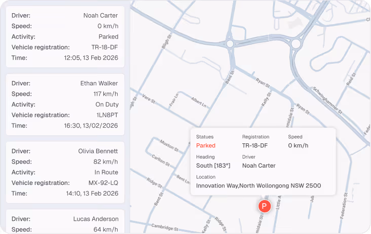Dashboard displaying real-time telematics with driver details, vehicle speed, status, and a map showing a parked vehicle at Innovation Way, North Wollongong.