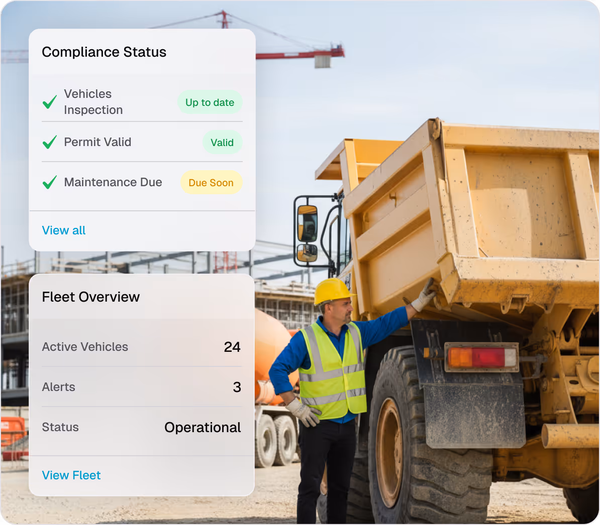 Construction worker in a yellow hard hat and reflective vest inspecting a large yellow dump truck at a construction site with compliance status and fleet overview overlays.