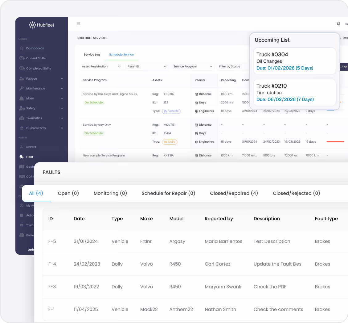 Dashboard interface of Hubfleet software showing scheduled vehicle and dolly services, upcoming maintenance list, and faults table with details on report dates, types, and fault descriptions.