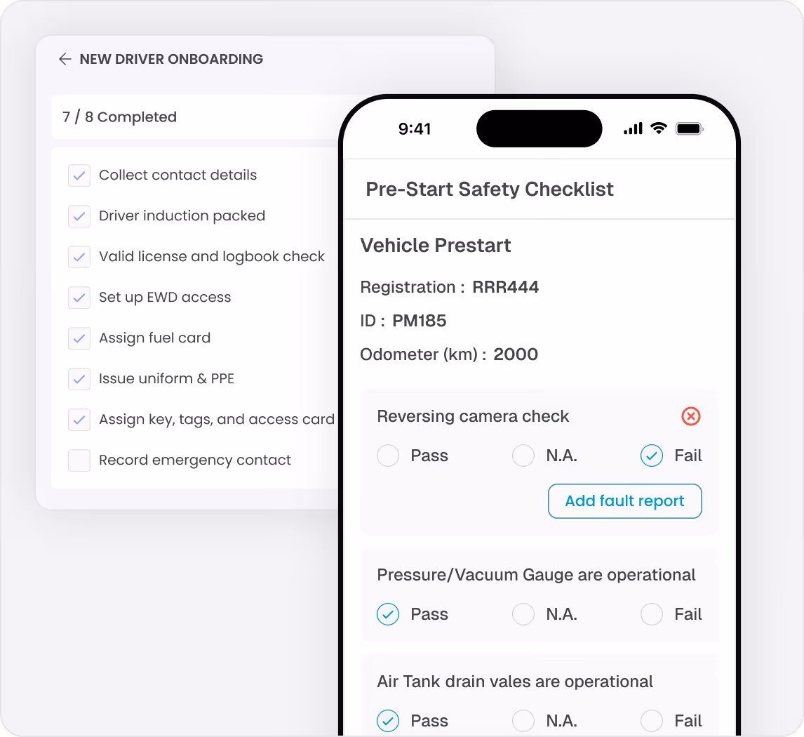 Mobile app screen showing a pre-start safety checklist for vehicle RRR444 with odometer reading 2000 km and checks for reversing camera, pressure/vacuum gauge, and air tank drain valves; a background screen shows a new driver onboarding checklist with 7 of 8 tasks completed.