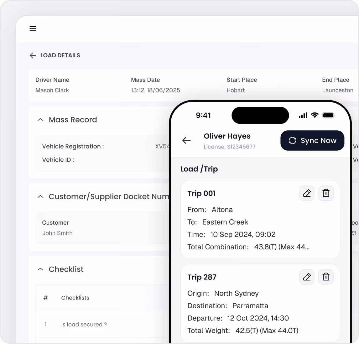 Interface showing load details including driver Mason Clark, mass record, customer John Smith, checklist on a tablet, and load trip details for Oliver Hayes on a smartphone with sync option.