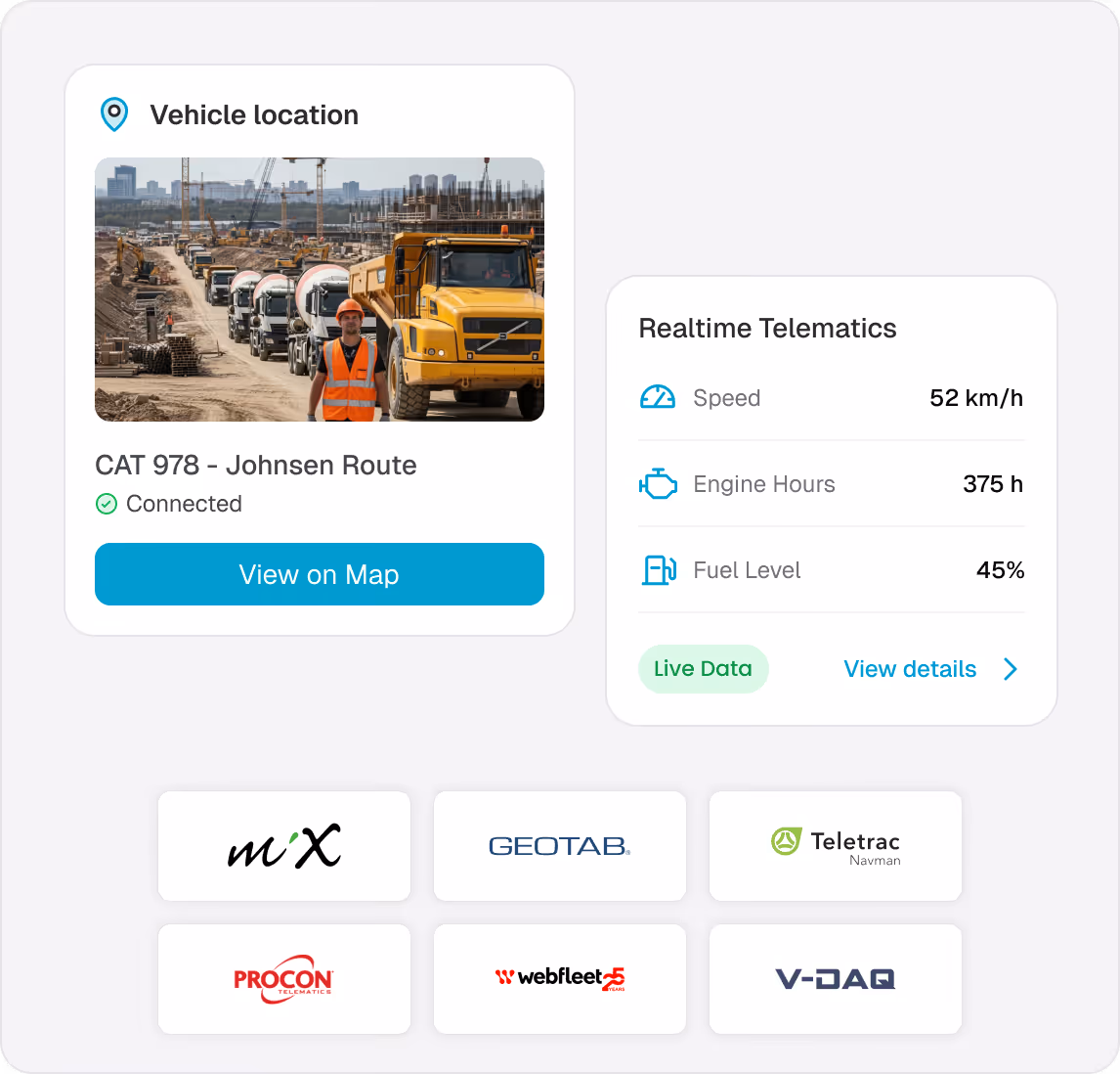 Construction site vehicle location showing a line of trucks and a worker in an orange safety vest with realtime telematics data: speed 52 km/h, engine hours 375 h, fuel level 45%, and telematics provider logos.