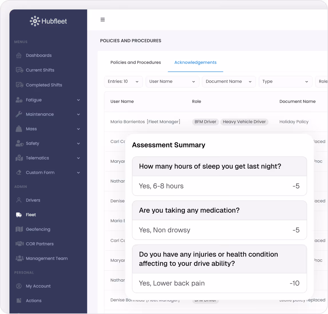 Hubfleet dashboard showing Policies and Procedures section with user roles and an Assessment Summary overlay asking about sleep, medication, and health conditions affecting driving ability.
