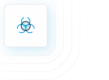Blue biohazard symbol inside a rounded square with layered blue outlines.