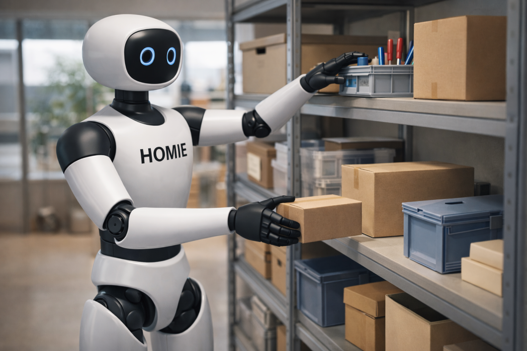 White and black robot labeled 'HOMIE' organizing cardboard boxes and containers on metal shelves in a storage room.