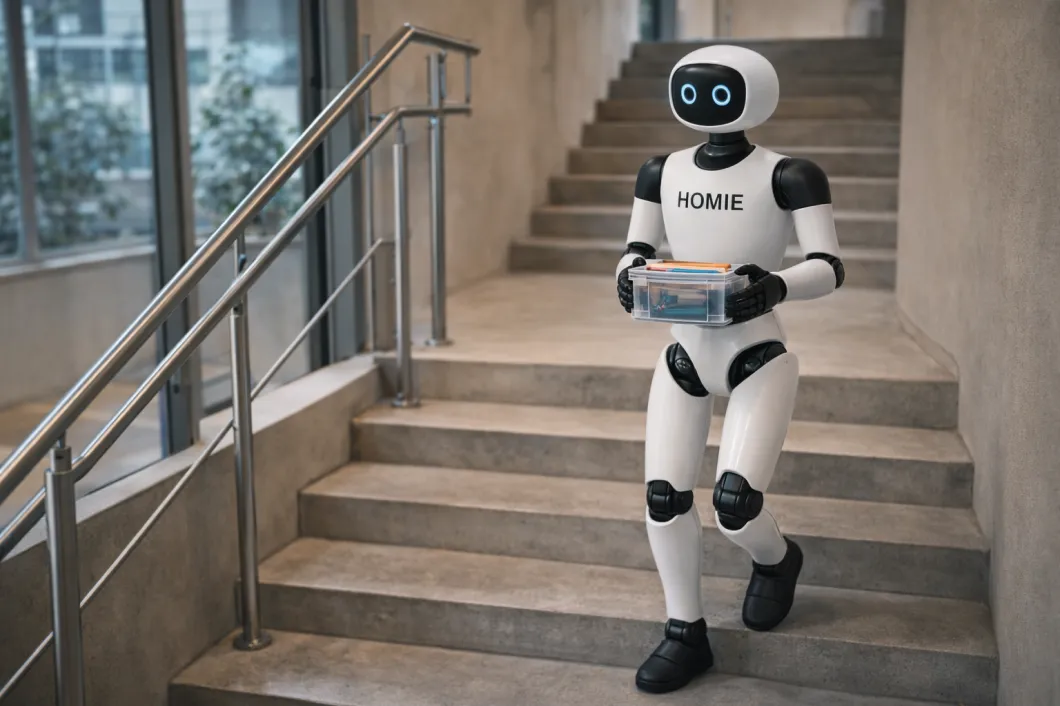 White and black robot labeled HOMIE descending a stairway while carrying a clear plastic box.