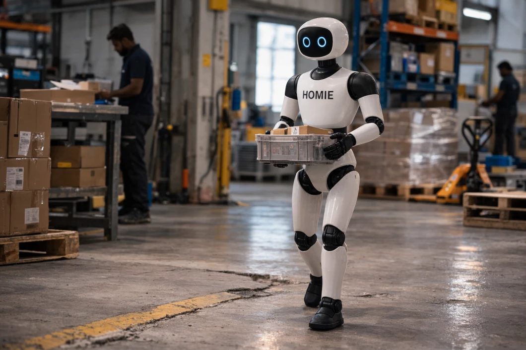Humanoid robot labeled Homie carrying a plastic crate with packages in a warehouse.
