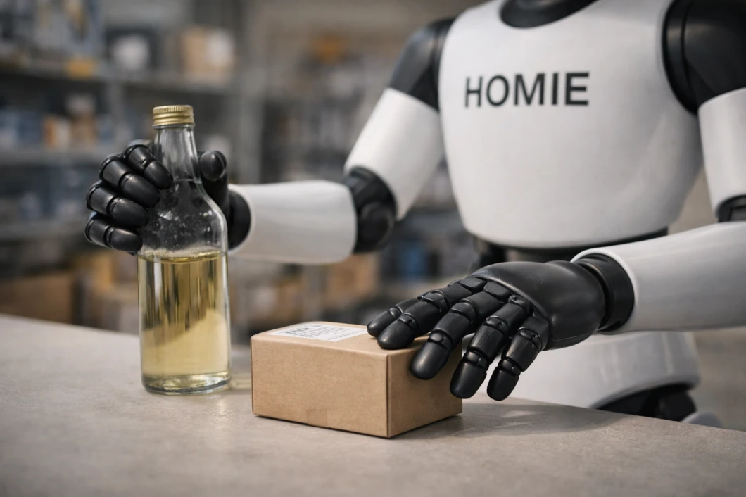 Robot with black hands holding a bottle with yellow liquid in one hand and a small cardboard box with the other on a warehouse counter.