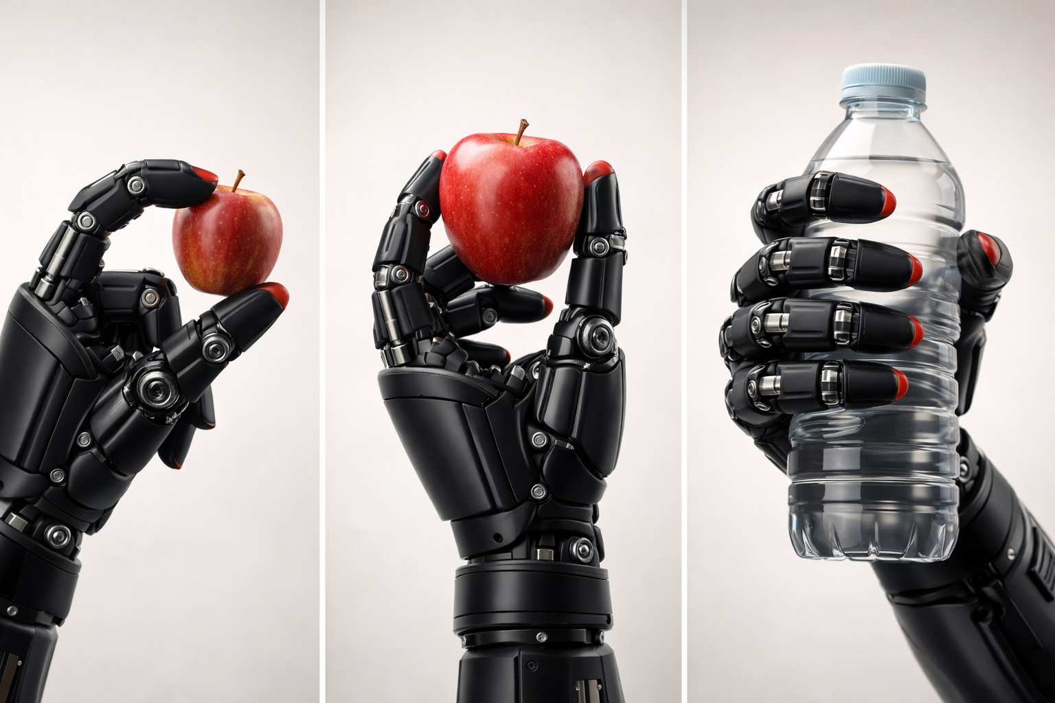 Black robotic hand holding a small apple, a large apple, and a clear plastic water bottle in three separate panels.