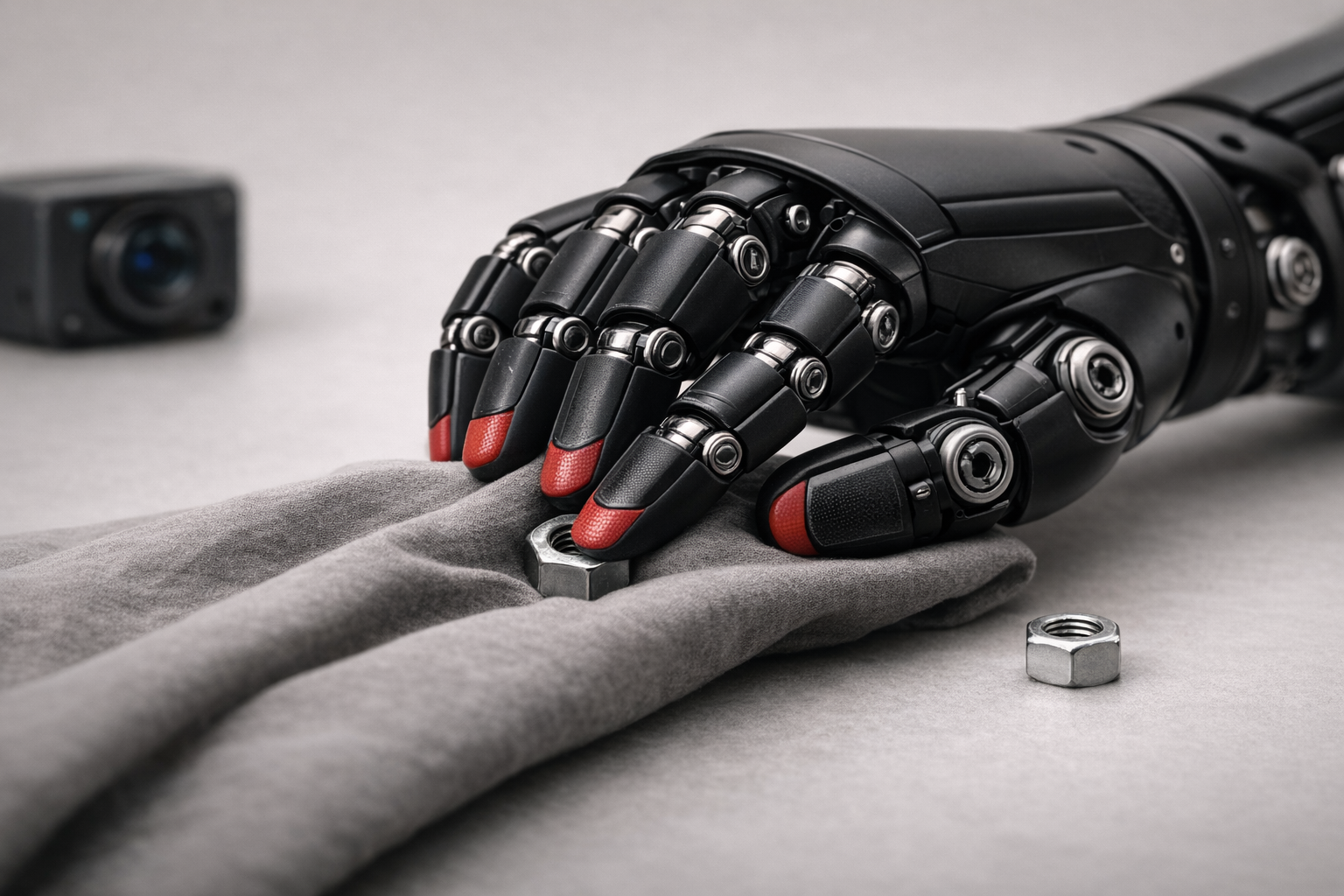 Black robotic hand with red fingertips grasping a gray cloth with a metal nut on it, with another nut nearby and a camera in the background.