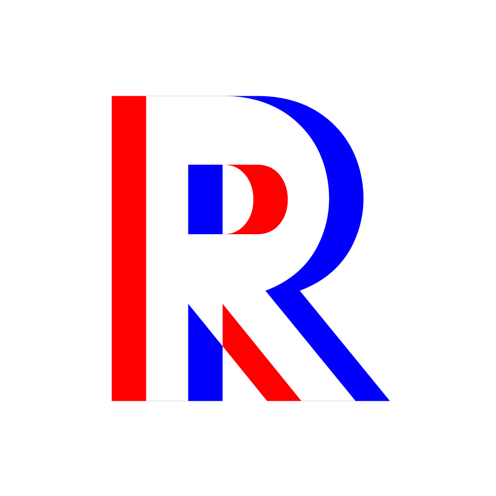 Stylized letter R with inner letter shapes in red, blue, and white colors.