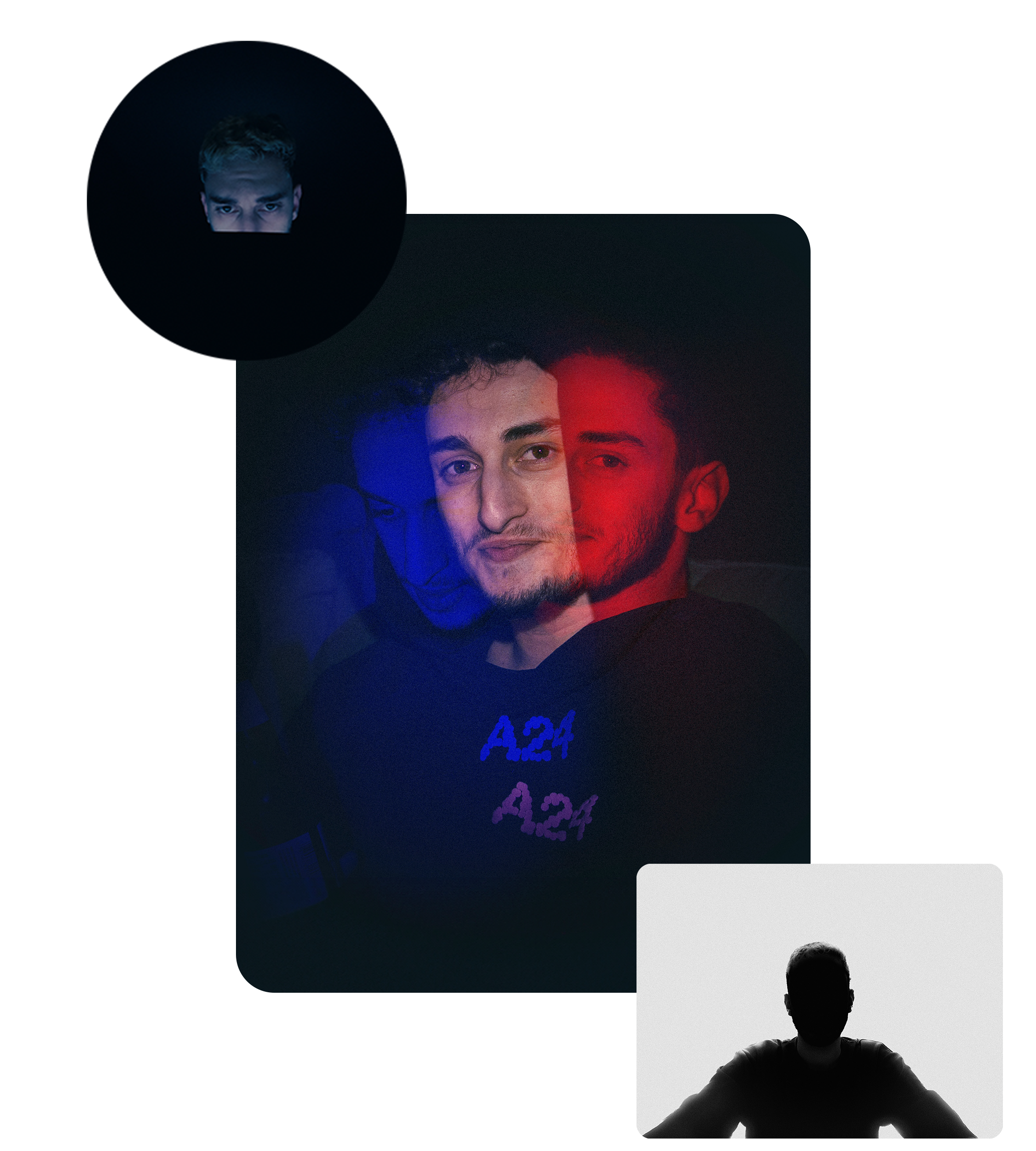 Portrait of a man with a beard showing multiple exposures in red and blue light wearing a shirt with the text A24.