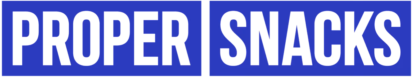 Proper Snacks logo with white uppercase text on a blue background.