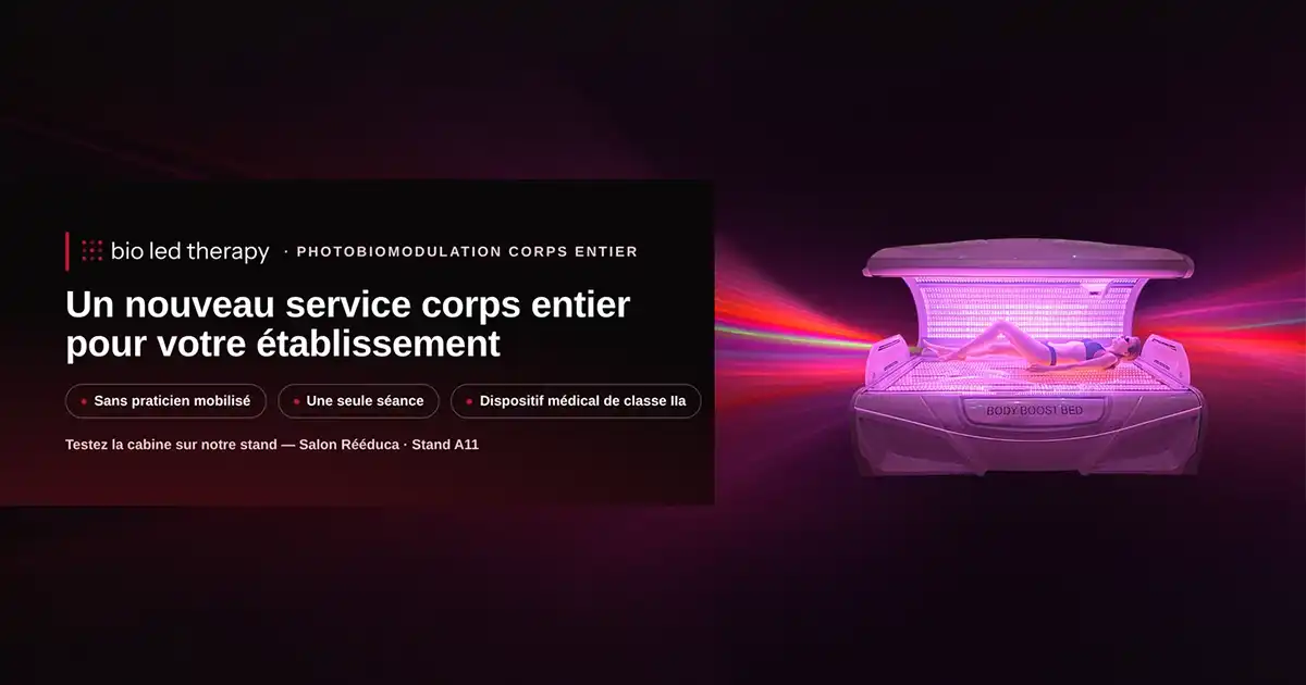 Bioledtherapy au salon Rééduca 2026, stand A11 : cabine de photobiomodulation corps entier Body Boost Bed