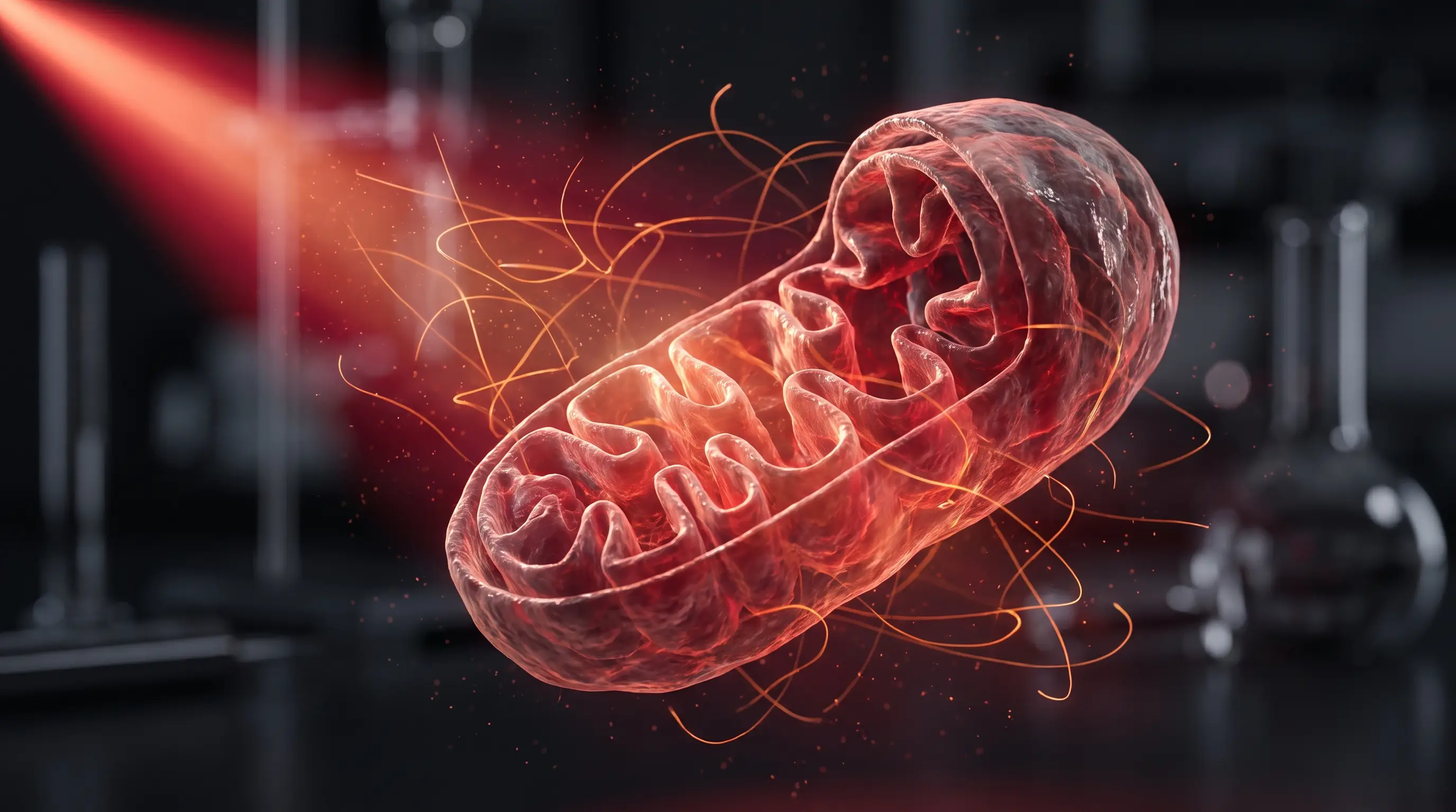 Mitochondrie illuminée par un faisceau de lumière rouge, illustration de l’enquête de Nature sur la photobiomodulation