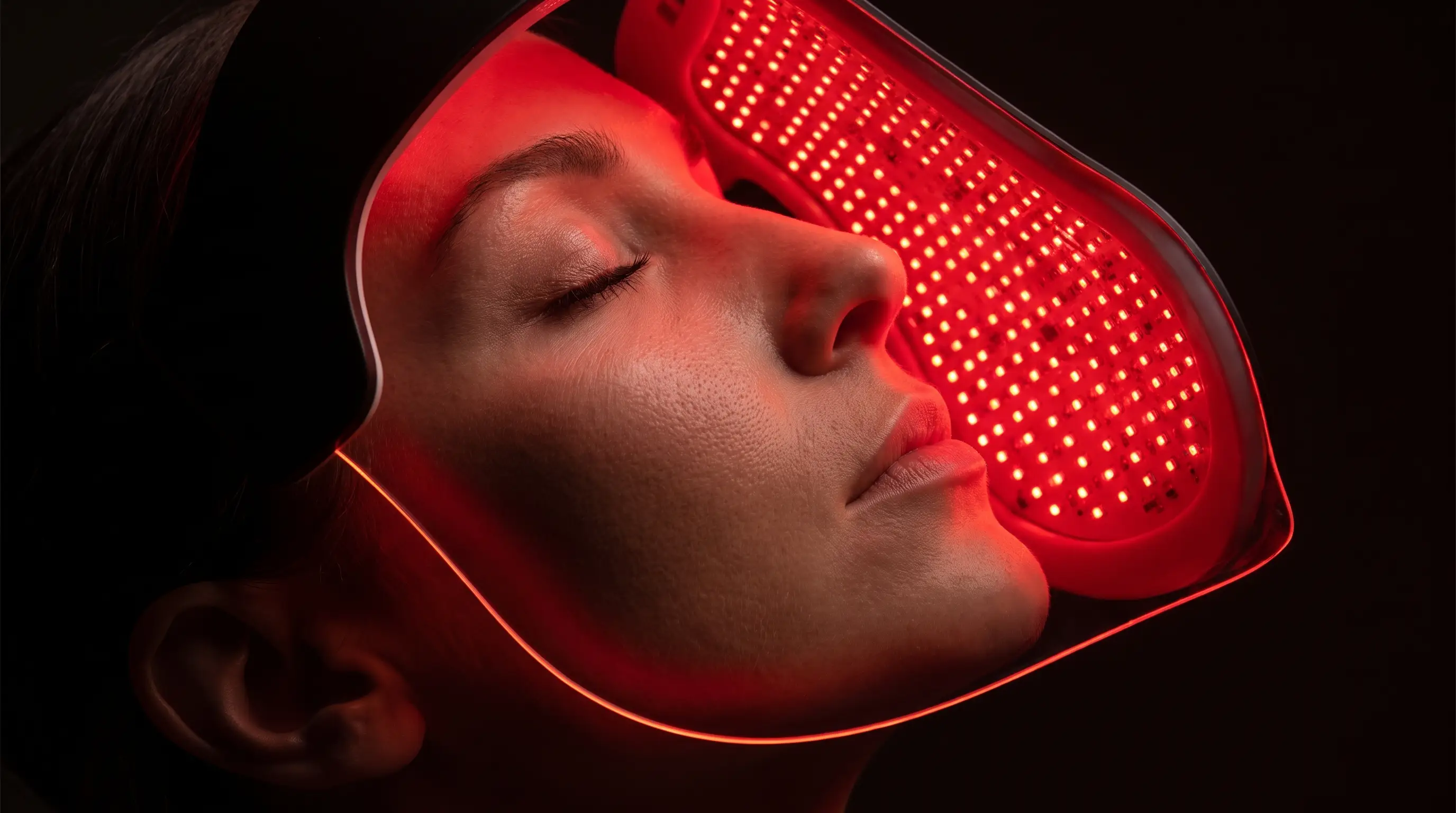 Profil d’une femme portant un masque LED à lumière rouge
