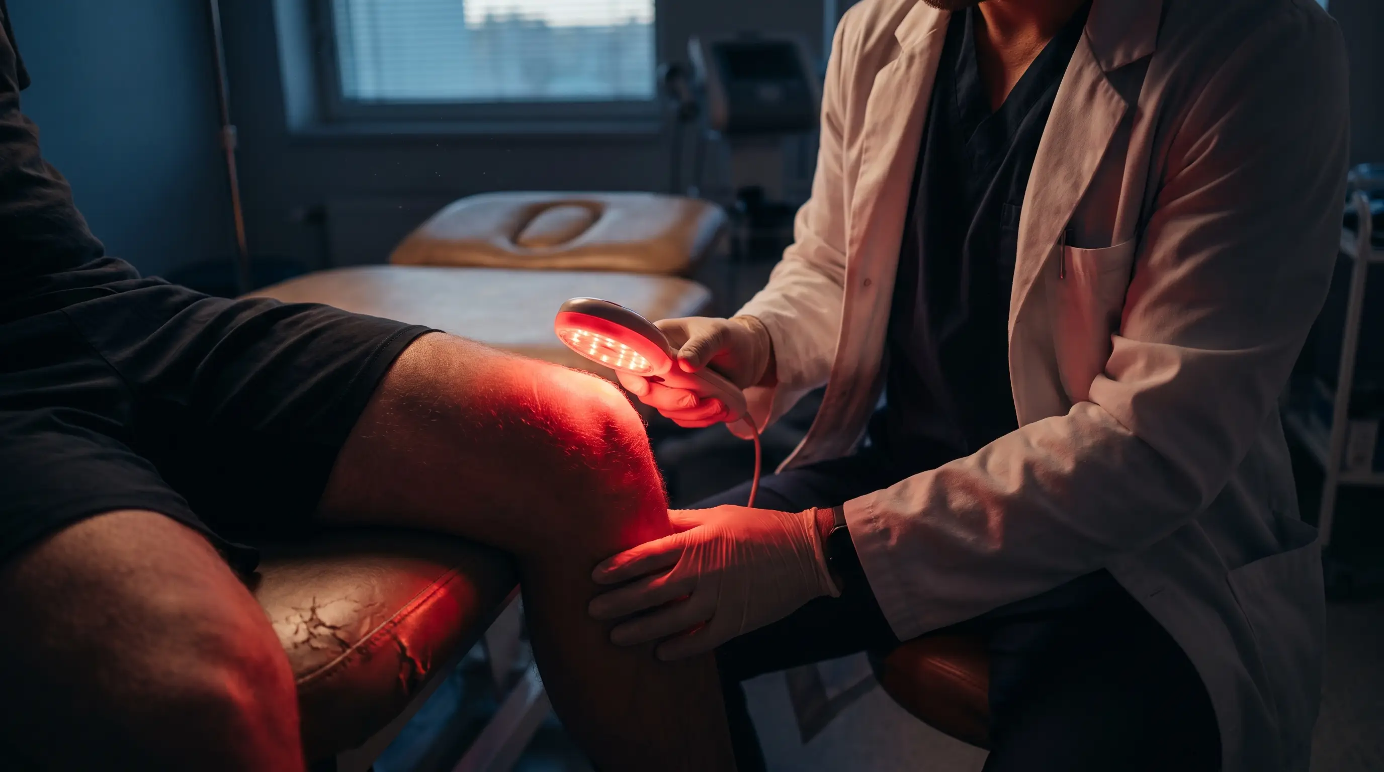 Praticien appliquant un dispositif LED de photobiomodulation sur le genou d’un patient