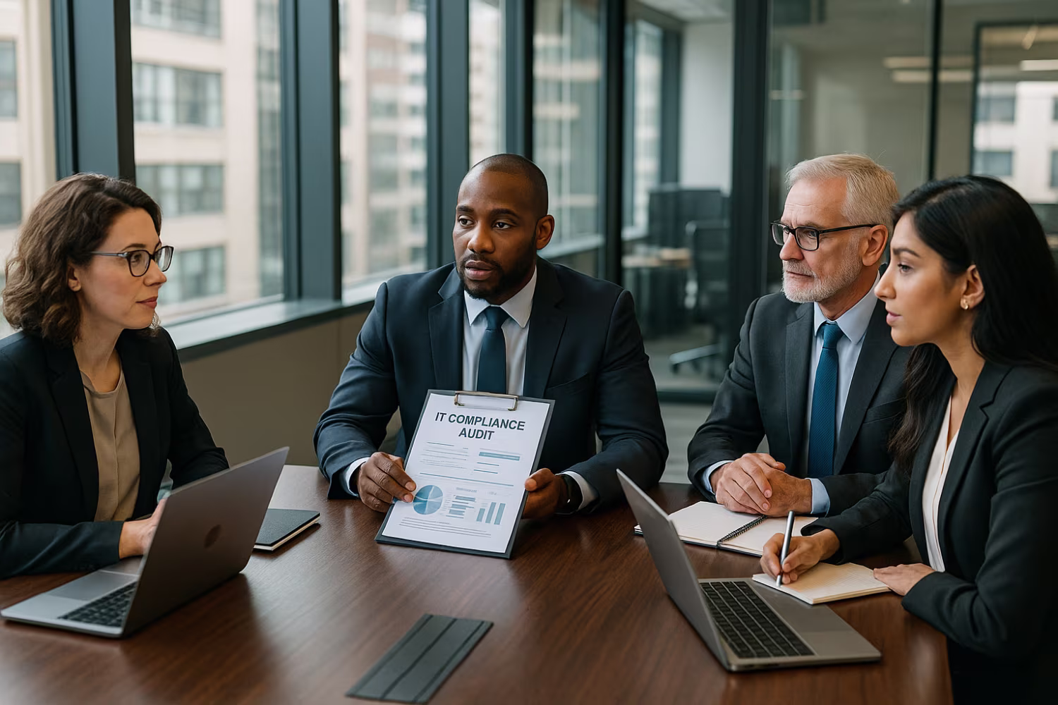 Diverse team conducting IT compliance audit