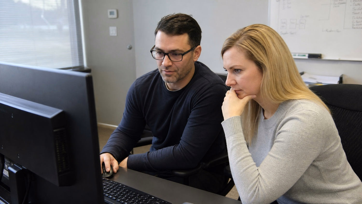 SIDE-BY-SIDE PAIR An IT professional two people seated side by side reviewin