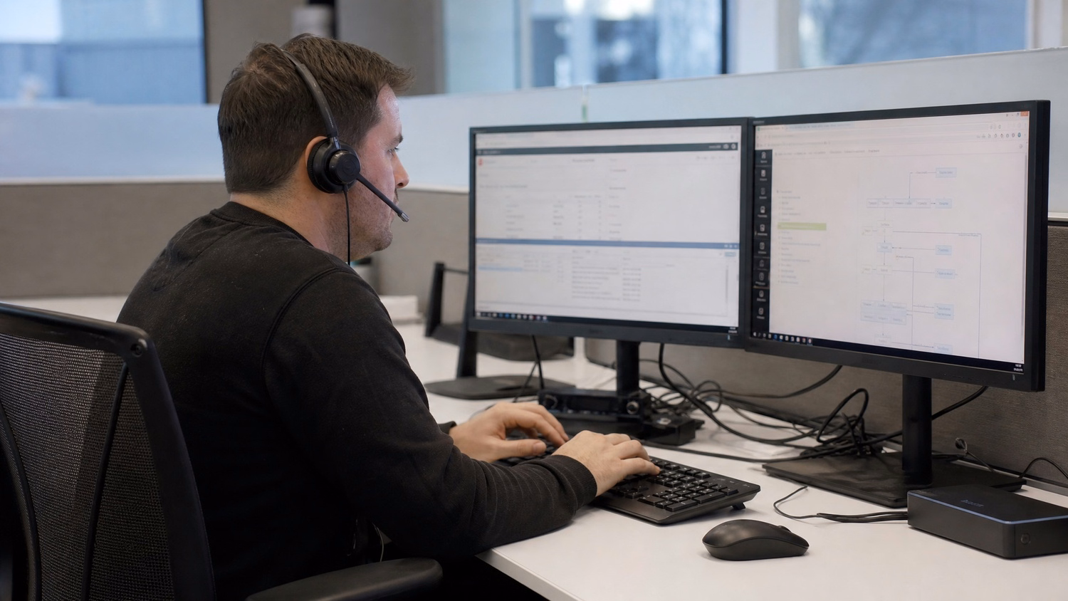 HELP DESK COUNTER An IT professional one person at a help desk counter with