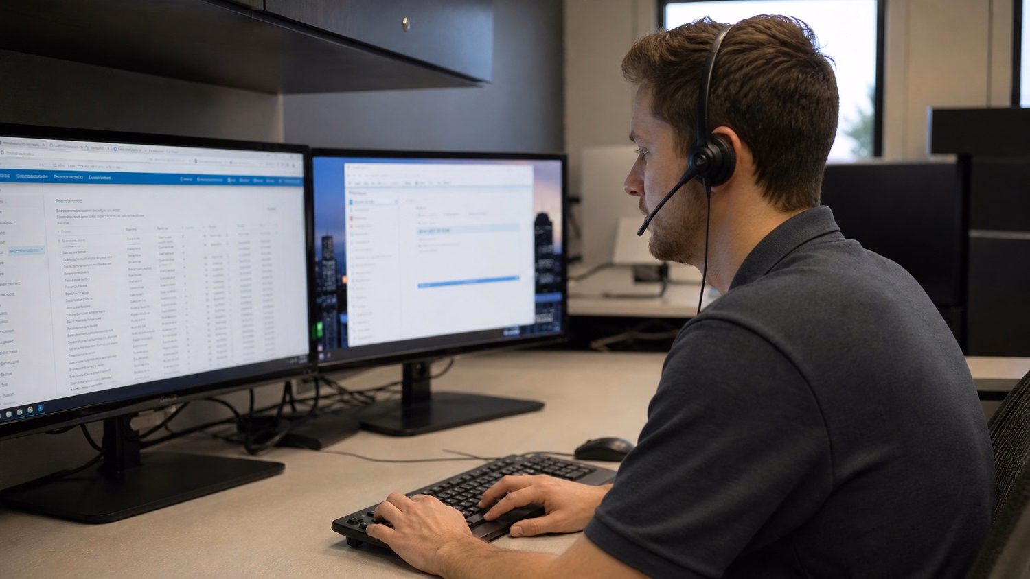 HELP DESK COUNTER An IT professional one person at a help desk counter with