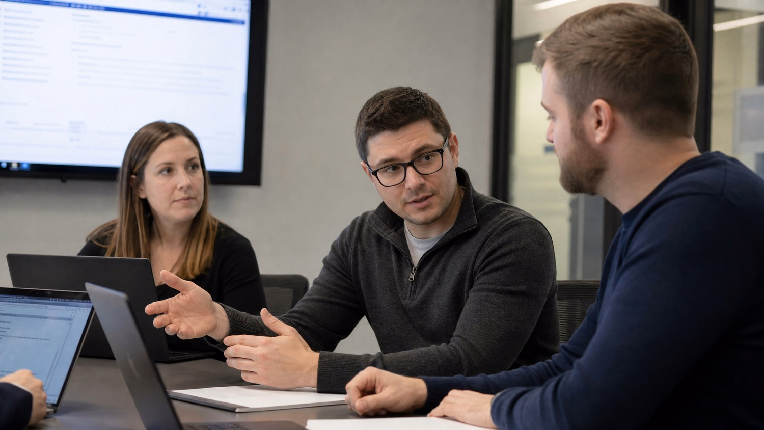 MEETING TABLE An IT professional two to four people seated around a meeting