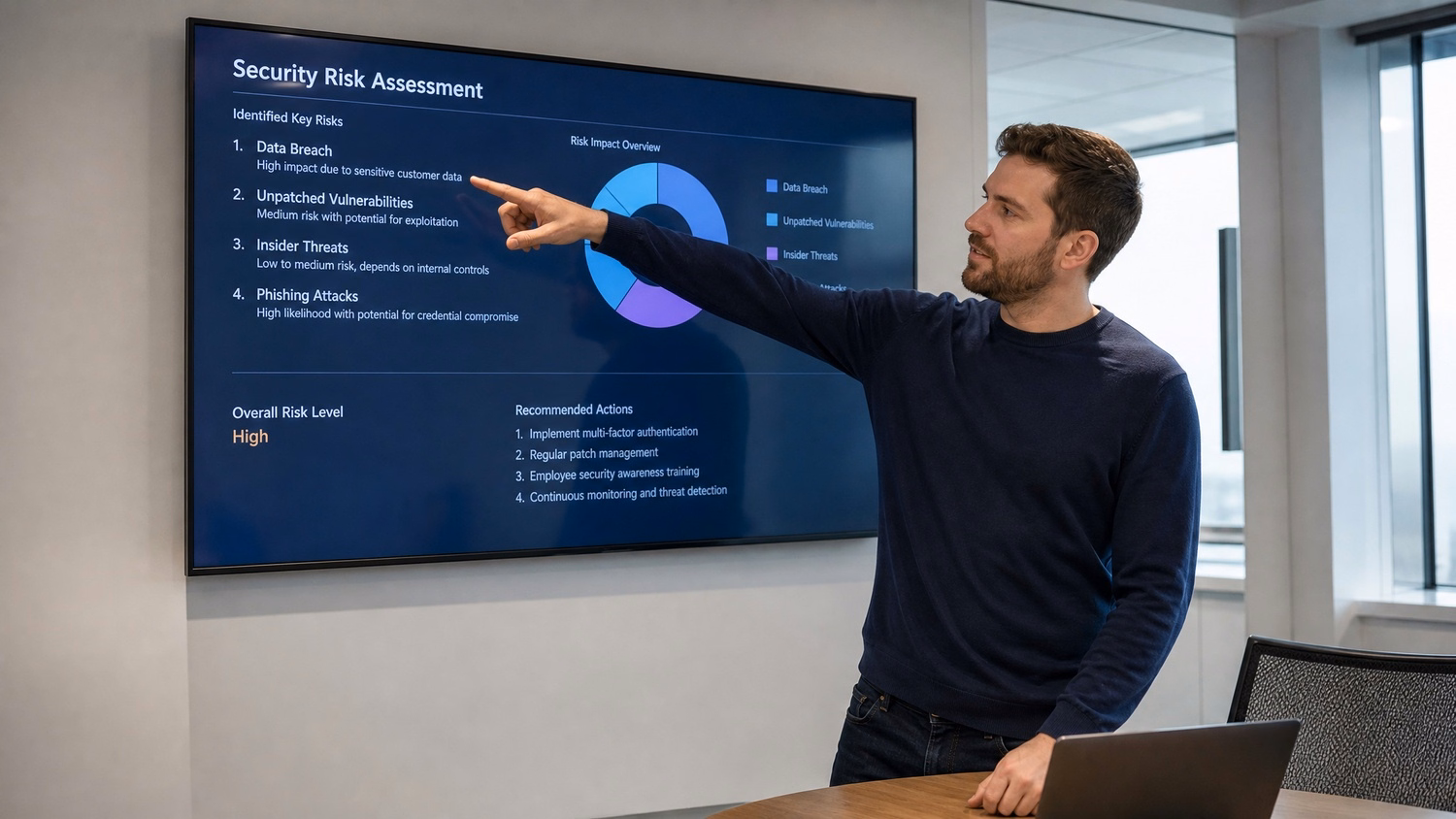 PRESENTATION SCREEN An IT professional one person standing beside a large wa