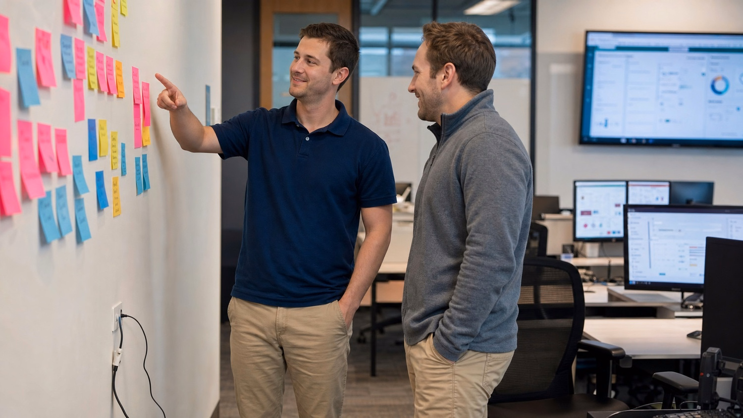 Team brainstorming with sticky notes, discussing IT strategy