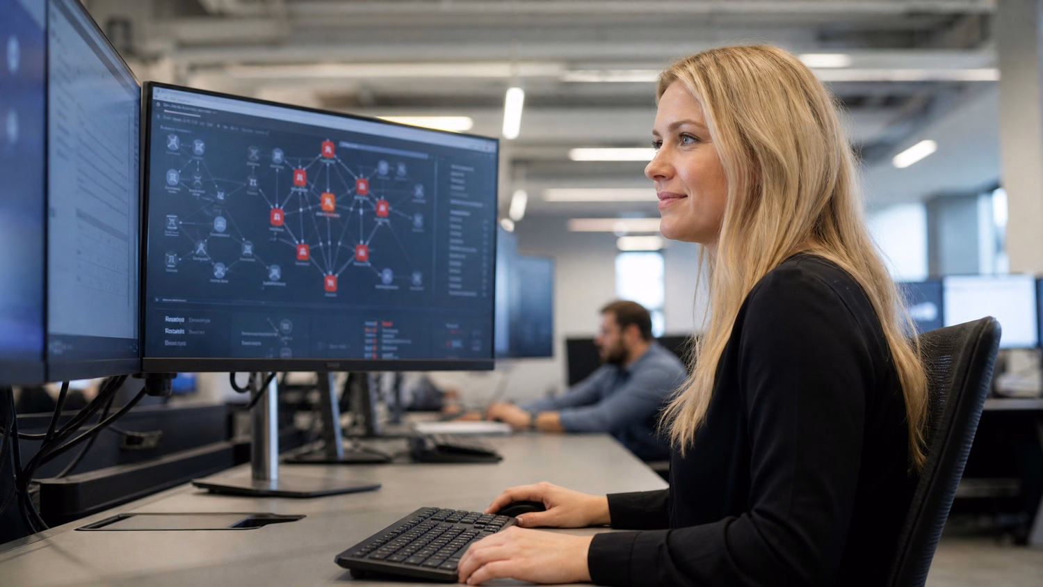 Woman at desk reviews ransomware alert dashboard