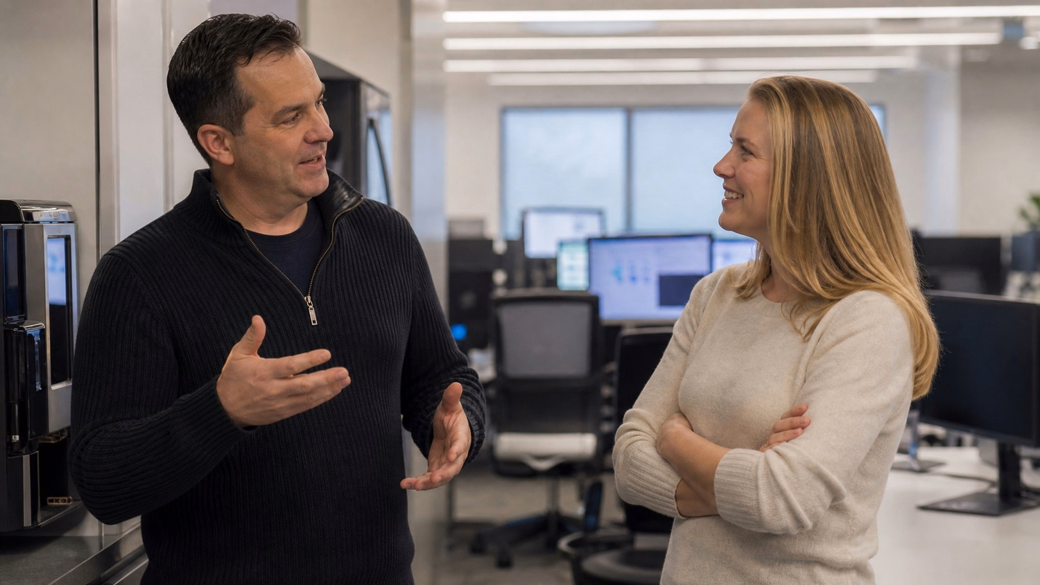 Man explains software updates importance to woman at coffee machine