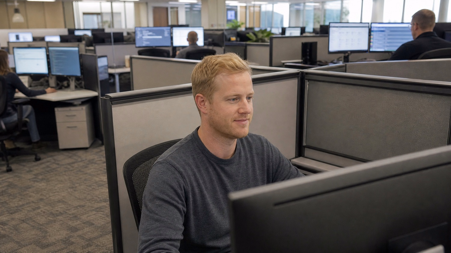 Man at cubicle desk, office background visible 52 chars